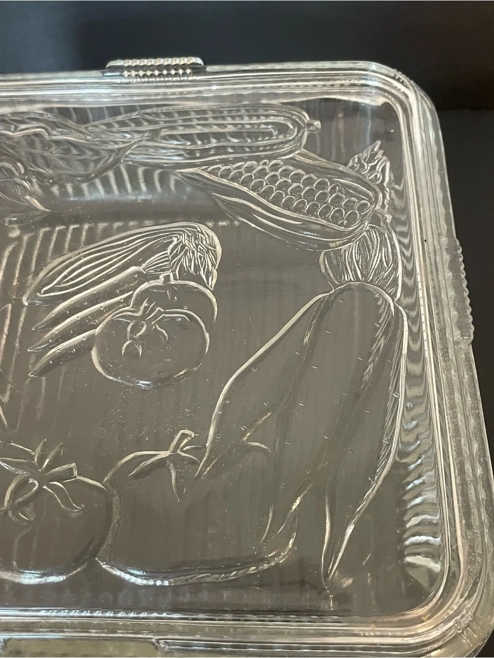 Vintage Federal Glass Square Refrigerator Dish Ribbed Sides Vegetable Motif Lid